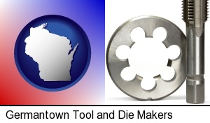 Germantown, Wisconsin - a metal die and a screw tap, isolated on a white background