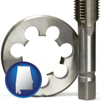 alabama map icon and a metal die and a screw tap, isolated on a white background