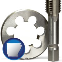 arkansas map icon and a metal die and a screw tap, isolated on a white background