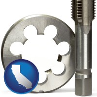 california map icon and a metal die and a screw tap, isolated on a white background