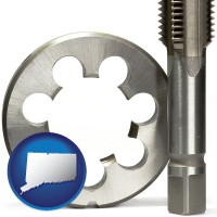 connecticut map icon and a metal die and a screw tap, isolated on a white background