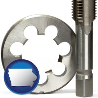 iowa map icon and a metal die and a screw tap, isolated on a white background