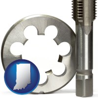 indiana map icon and a metal die and a screw tap, isolated on a white background