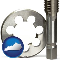 kentucky map icon and a metal die and a screw tap, isolated on a white background