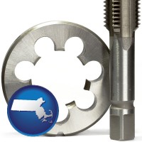 massachusetts map icon and a metal die and a screw tap, isolated on a white background
