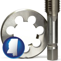 mississippi map icon and a metal die and a screw tap, isolated on a white background