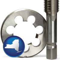 new-york map icon and a metal die and a screw tap, isolated on a white background