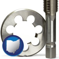 a metal die and a screw tap, isolated on a white background - with OH icon