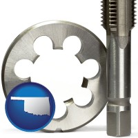 oklahoma map icon and a metal die and a screw tap, isolated on a white background
