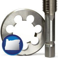 oregon map icon and a metal die and a screw tap, isolated on a white background