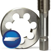 tennessee map icon and a metal die and a screw tap, isolated on a white background