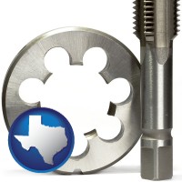 texas map icon and a metal die and a screw tap, isolated on a white background