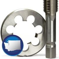 washington map icon and a metal die and a screw tap, isolated on a white background