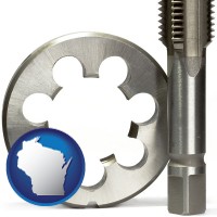 wisconsin map icon and a metal die and a screw tap, isolated on a white background