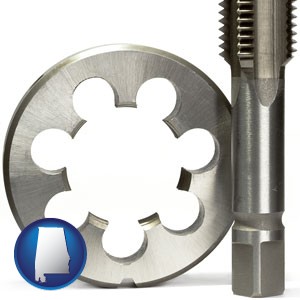 a metal die and a screw tap, isolated on a white background - with Alabama icon