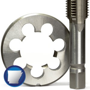 a metal die and a screw tap, isolated on a white background - with Arkansas icon