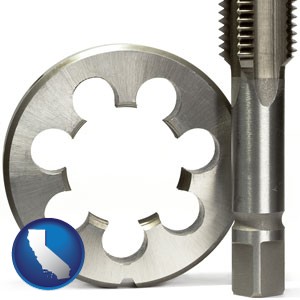 a metal die and a screw tap, isolated on a white background - with California icon