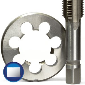 a metal die and a screw tap, isolated on a white background - with Colorado icon
