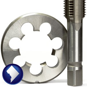 a metal die and a screw tap, isolated on a white background - with Washington, DC icon