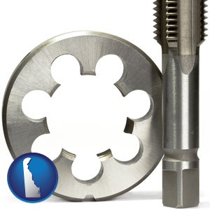 a metal die and a screw tap, isolated on a white background - with Delaware icon