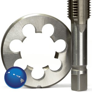 a metal die and a screw tap, isolated on a white background - with Hawaii icon
