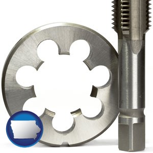 a metal die and a screw tap, isolated on a white background - with Iowa icon