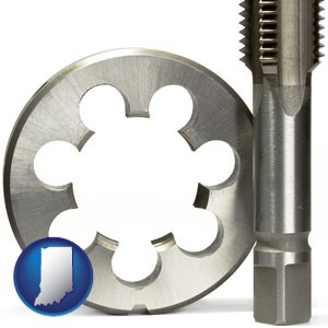 a metal die and a screw tap, isolated on a white background - with Indiana icon