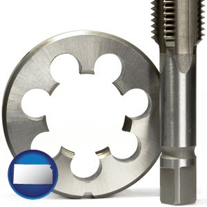 a metal die and a screw tap, isolated on a white background - with Kansas icon