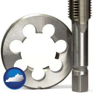 a metal die and a screw tap, isolated on a white background - with Kentucky icon