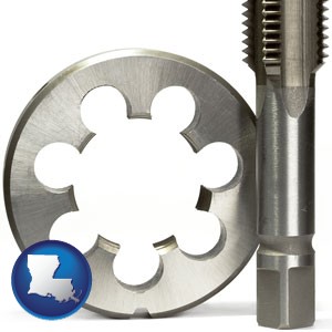 a metal die and a screw tap, isolated on a white background - with Louisiana icon