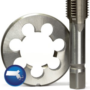 a metal die and a screw tap, isolated on a white background - with Massachusetts icon