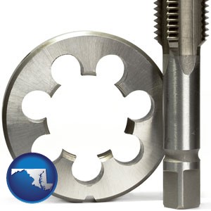 a metal die and a screw tap, isolated on a white background - with Maryland icon