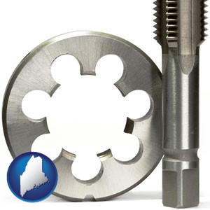 a metal die and a screw tap, isolated on a white background - with Maine icon