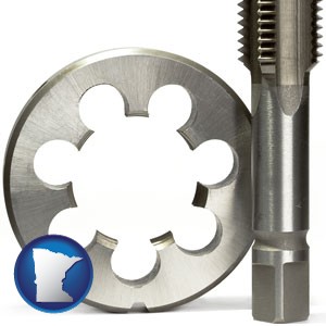 a metal die and a screw tap, isolated on a white background - with Minnesota icon
