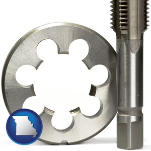 a metal die and a screw tap, isolated on a white background - with Missouri icon