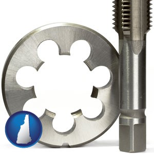 a metal die and a screw tap, isolated on a white background - with New Hampshire icon