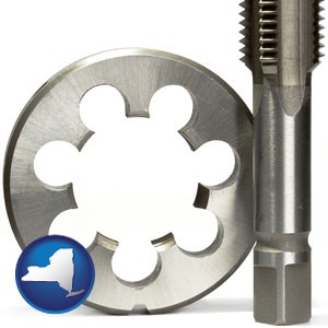 a metal die and a screw tap, isolated on a white background - with New York icon
