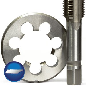 a metal die and a screw tap, isolated on a white background - with Tennessee icon