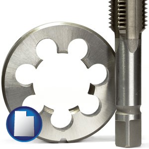 a metal die and a screw tap, isolated on a white background - with Utah icon