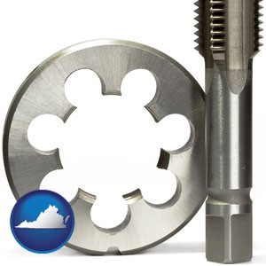 a metal die and a screw tap, isolated on a white background - with Virginia icon
