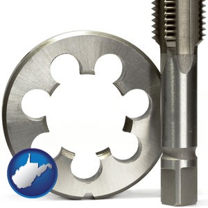 a metal die and a screw tap, isolated on a white background - with West Virginia icon