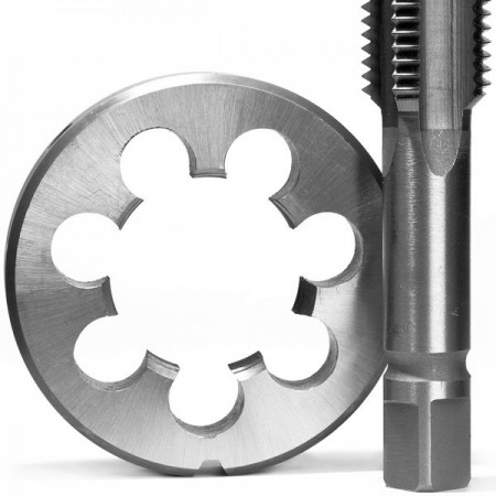 a metal die and a screw tap, isolated on a white background